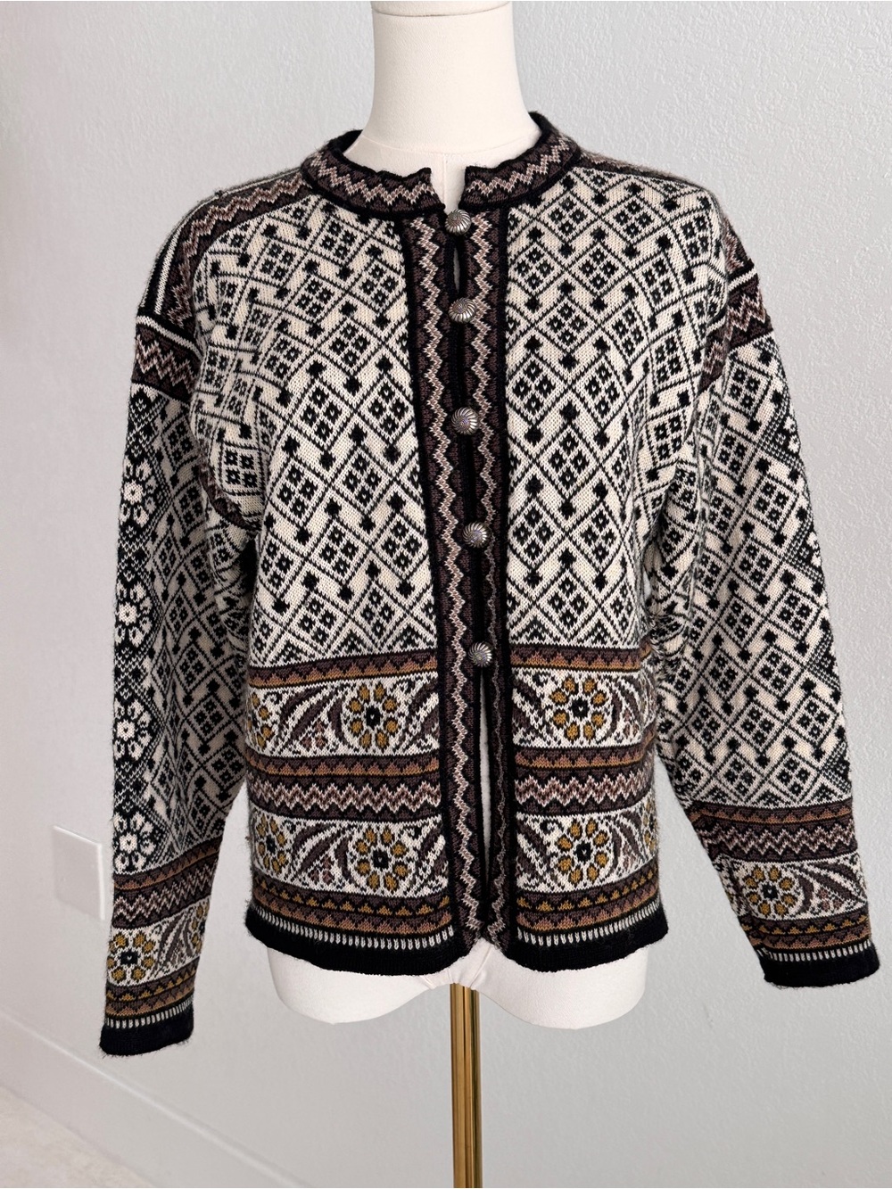 Vintage Dale of Norway Black, White & Brown Geometric Knit Cardigan size small